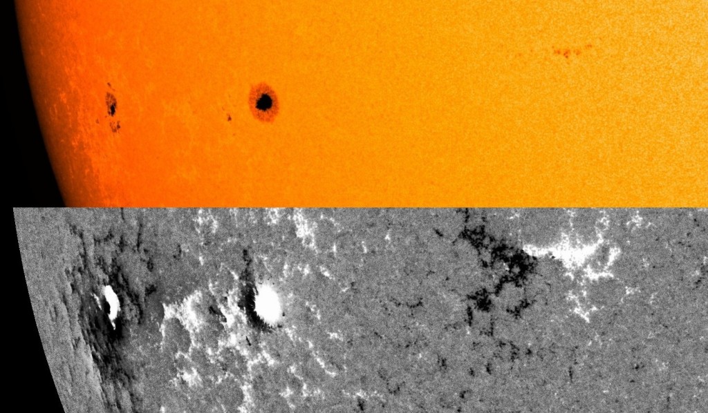 Cuts from a full-disk (top) visible light image and (bottom) magnetogram, the latter of which shows the strength of the surface magnetic flux. Images were taken by the Helioseismic and Magnetic Imager instrument on board the Solar Dynamics Observatory on 21 December 2013[2].