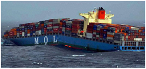The container ship MOL Comfort, slightly bent.  See what happened next on vesselfinder.com