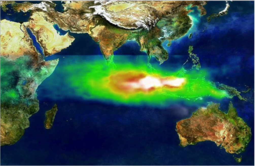 The pollution of the 1997 indonesian fires as seen by nasa’s toms detector. White shows smoke while red (high) and green (low) show the amount of smog over the indian ocean.