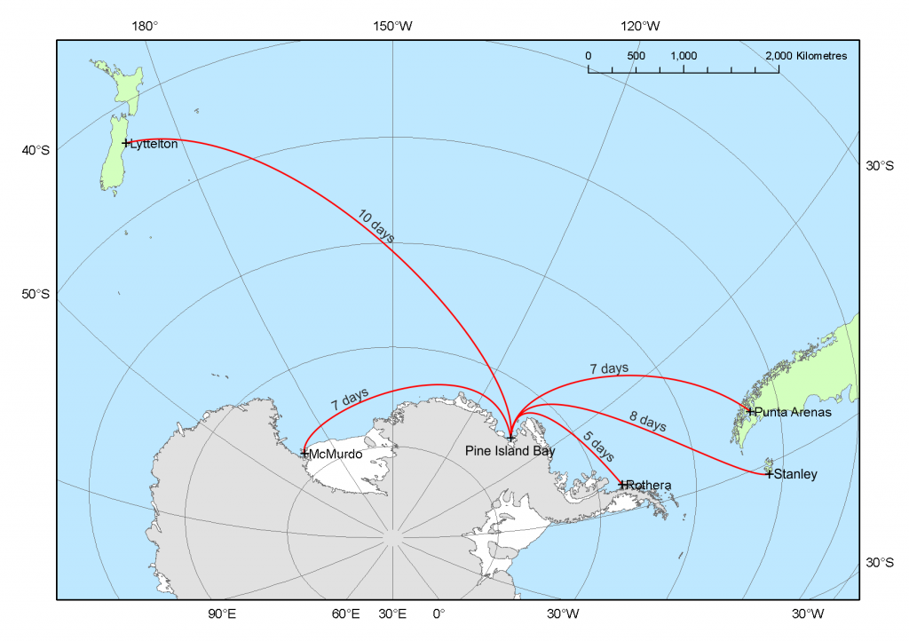 A map showing the location of the Amundsen Sea within Antarctica and the ship transit time to other destinations. (Source: http://www.istar.ac.uk/press-media/maps/)
