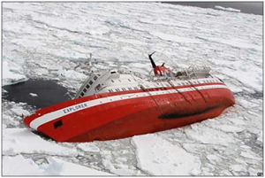Even nowadays, when a ship hits an iceberg, the iceberg wins – sinking of the MV Explorer, no casualties (picture from jamescairdsociety.com)