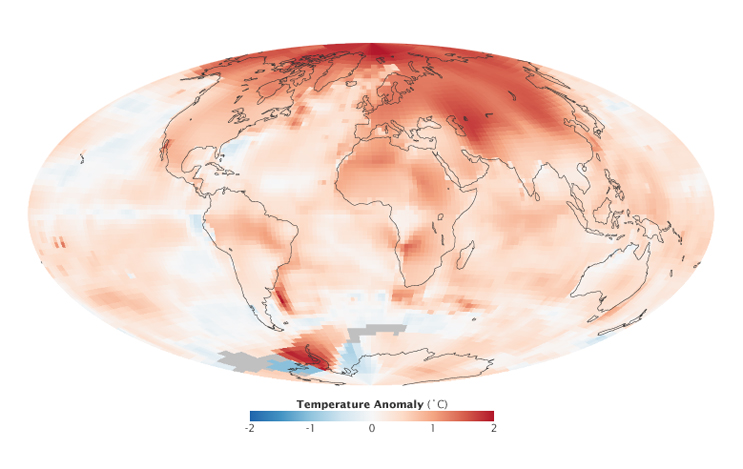 Fig. 1: Global temperature anomalies for 2000 to 2009. The Figure shows how much warmer or colder a region is compared to the norm for that region from 1951 to 1980. Note, that anomalies are largest in the Arctic. Credit: NASA image by Robert Simmon, based on GISS surface temperature analysis data including ship and buoy data from the Hadley Centre.