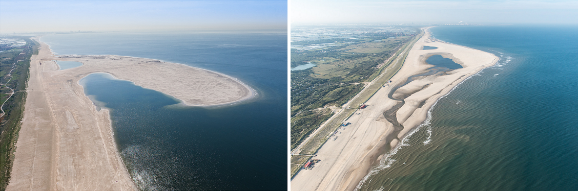 The Zandmotor, left just before building was complete (June 2011), right after 2 years (October 2013).