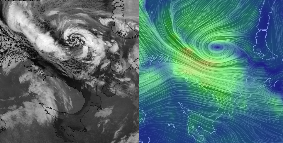 Figure 1: (Left) Polar low over the Barents Sea. 13 February 2015. NOAA satellite image. Source: NERC Satellite Receiving Station, Dundee University, Scotland. (Right) Polar low over the Barents Sea. 13 February 2015. Visualisation of surface wind in Global Forecast System. Reddish colors indicate wind speeds reaching 25 m/s. Source: Earth, a visualisation of global weather conditions.
