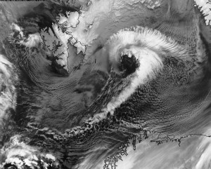 NOAA satellite image of comma-cloud polar low over the Barents Sea east of the Svalbard Archipelago. 1 February 2015. Source: NERC Satellite Receiving Station, Dundee University, Scotland.
