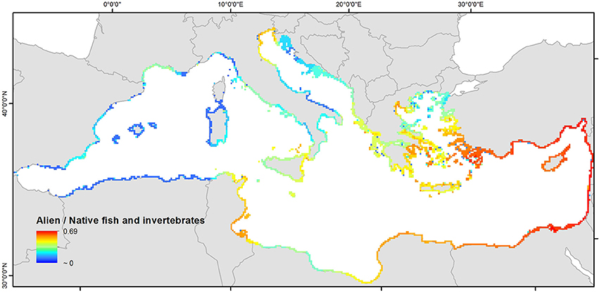 Alien to native species ratio in the Mediterranean Sea. [Source: Katsanevakis et al., 2014]
