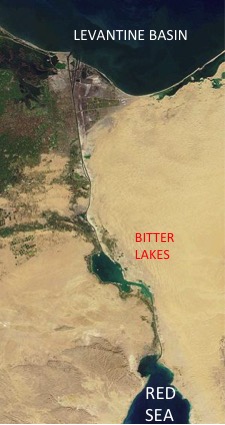 The Suez Canal seen from the satellite. [Modified from: http://en.wikipedia.org/wiki/Suez_Canal]