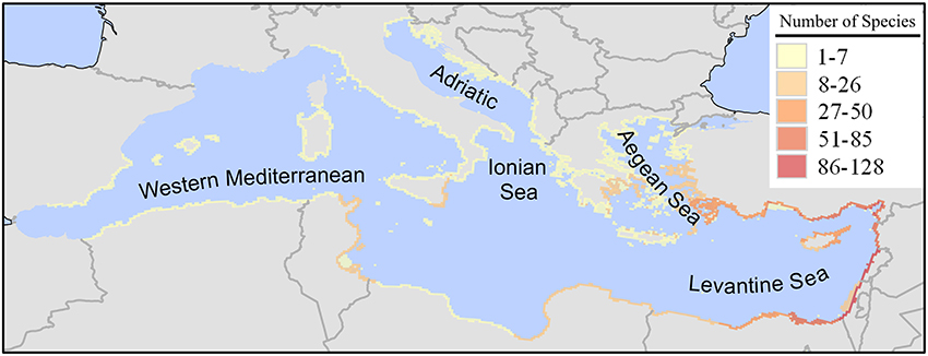 Number of Lessepsian species in the different basins within the Mediterranean Sea [Source: Katsanevakis et al., 2014]