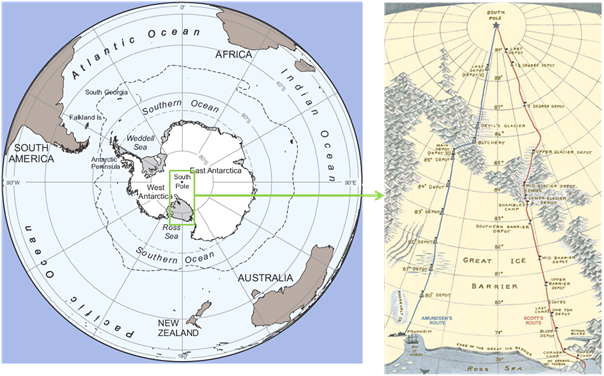 Left, Antarctica in relation to the rest of the world (image National Geographic). Green box and right show the Ross ice shelf region and beyond, where the race to the South Pole happened: blue Amundsen’s route, red Scott’s (image artofmanliness.com).