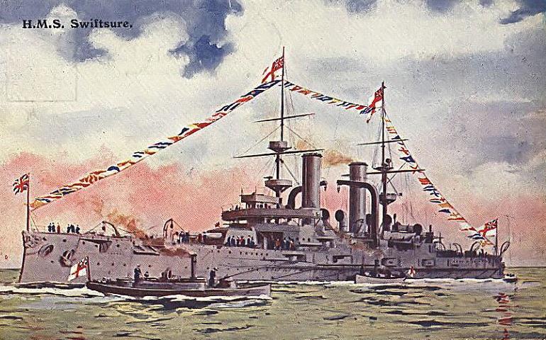 HMS Swiftsure, a WWI Royal Navy battleship. Log books of this ship have been digitized by participants of the Old weather project. (Source: OldWeather)